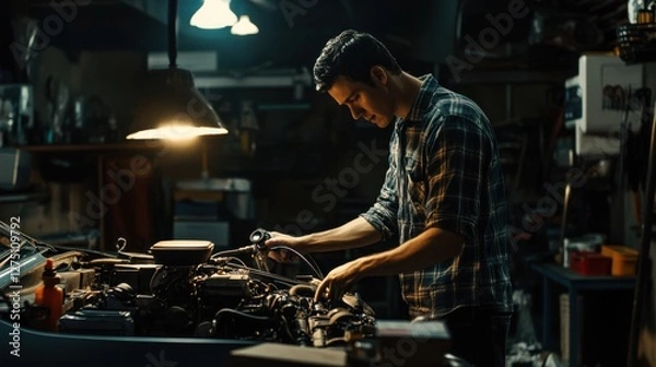 Fototapeta A mechanic using a stethoscope tool to listen to the engine