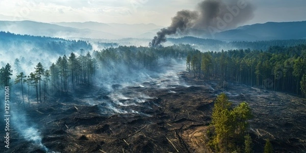Fototapeta Devastating Wildfire Impact on Forest Landscape with Smoke and Ash