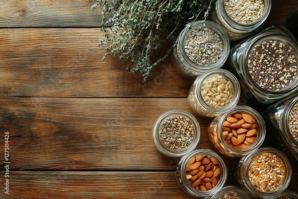 Fototapeta Fresh vegan seeds, nuts, and grains arranged on a wooden table, perfect for healthy dishes. Organic, protein-rich, and ideal for clean eating, meal prep, or food photography.