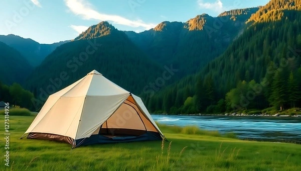 Obraz Cozy Camping Tent by a Sparkling River Amidst Forested Mountains
