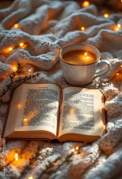 Obraz Cozy Reading Still Life Open Book and Warm Drink with Lights