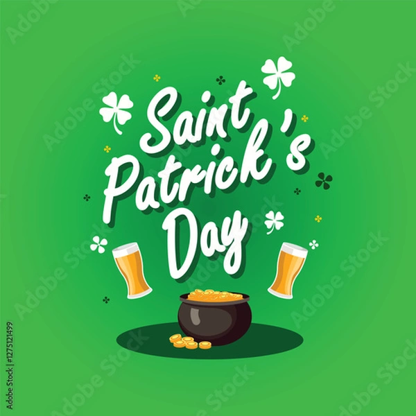 Obraz A vibrant typographic design for Saint Patrick's Day featuring clover motifs, shamrock ornaments, pots of gold, beer glasses and festive greenery