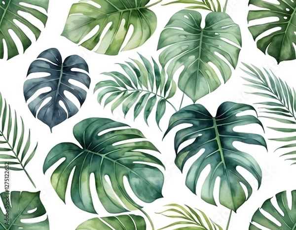 Fototapeta Watercolor Tropical Leaves Seamless Pattern