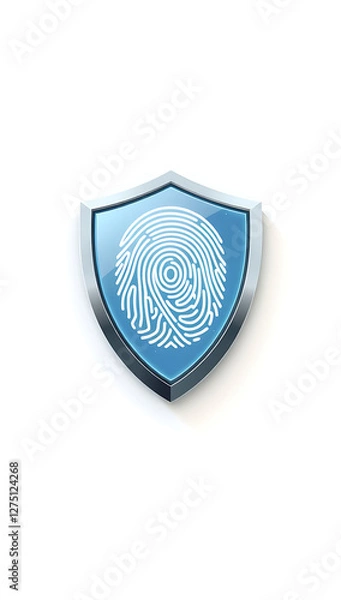 Obraz Simple 3D illustration of a shield with a digital fingerprint in the center, representing online security, on a plain white background.