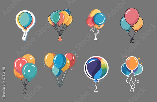 Fototapeta Icons sets collection of colorful balloon illustrations in various arrangements on a gray background, showcasing festive and playful designs perfect for celebrations