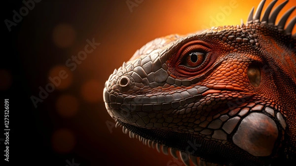 Fototapeta A vibrant close-up image of an iguana showcasing its detailed scales and captivating eyes against a warm blurred background.
