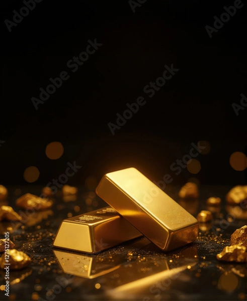 Fototapeta Two shiny gold bars are elegantly stacked reflective surface, surrounded by scattered gold nuggets, creating luxurious and opulent atmosphere. dark background enhances golden glow, emphasizing