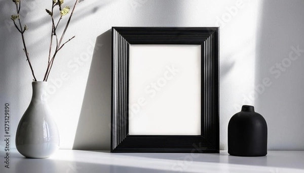 Fototapeta Striking Minimalist Black Frame Mockup on White Background with Subtle Shadow, Showcasing Versatility for Digital Art, Home Decor, and Design Inspiration.