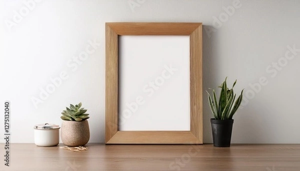 Fototapeta Minimalistic Elegance A StrippedDown Wooden Frame Stands Out Against a Pristine White Backdrop, Exuding Clean Lines and Sophisticated Simplicity in an Artistic Space.