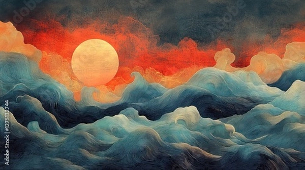 Fototapeta Abstract sunset over turbulent sea. Possible use Background image, wallpaper