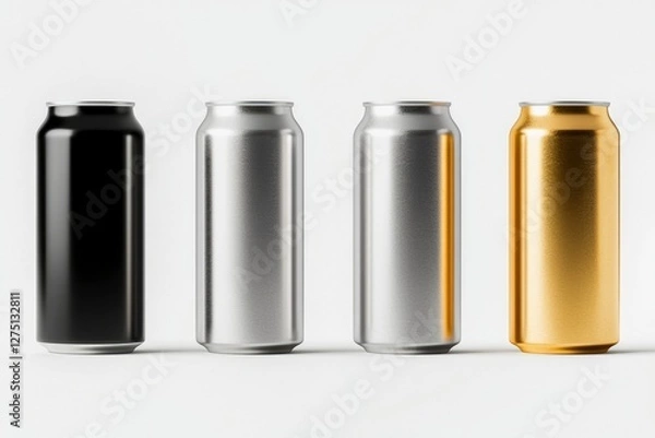 Fototapeta Various cans, metal colored beverage containers arranged for mockup use on white
