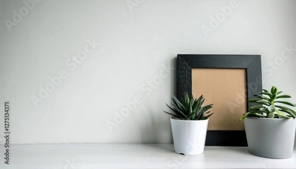 Fototapeta Stylish Black Square Frame with Home Decor and Potted Plants on a White Shelf and Wall, Boasting a Serene and Vibrant Scene Perfect for Digital Art, Home Decor, or Design Inspiration