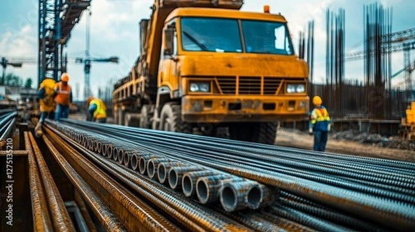 Fototapeta Construction Site Workers Steel Rebar and Truck