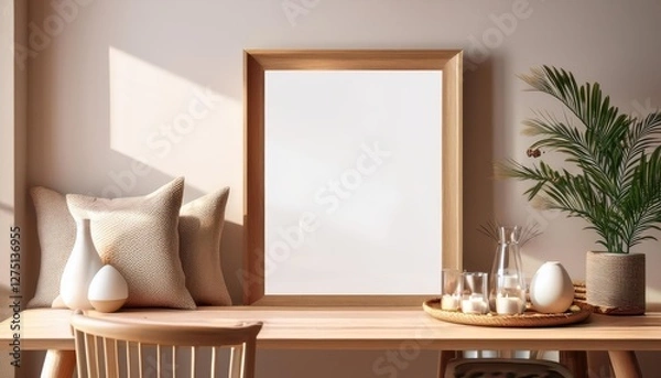 Fototapeta Realistic 3D Rendering of a Cozy Dining Room Interior with Elegant Mock Frame Backdrop, Exuding Warmth and Inviting Atmosphere, Perfect for Digital Art, Home Decor, or Design Inspiration