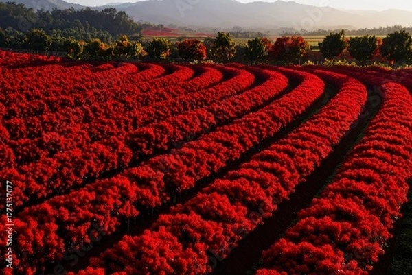 Fototapeta Vibrant red flowers bloom in rows in a valley, mountains with trees in the background