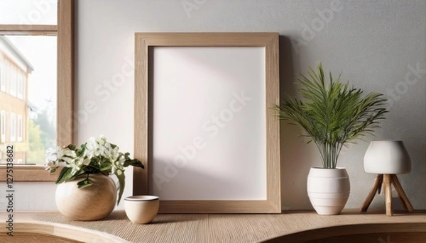 Fototapeta 3D Scandinavian Style Mockup Frame in Home Interior Background An Elegant Minimalist Oasis with Cool Tones and Natural Textures, Perfect for Digital Art, Home Decor, or Design Inspiration.