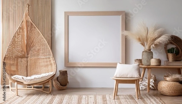Fototapeta ScandiBoho Styled White Room with Natural Wooden Furniture and a Warm Atmosphere, Showcasing an Inviting and Cozy Home Interior Space, Perfect for Digital Art, Home Decor, or Design Inspiration