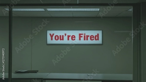 Fototapeta A close-up of a "You're Fired" sign placed on an empty desk,