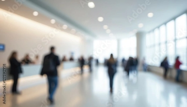 Fototapeta Blurred bank interior with customers at counters creates bokeh effect. Defocused scene of modern financial business with corporate design shows office service.