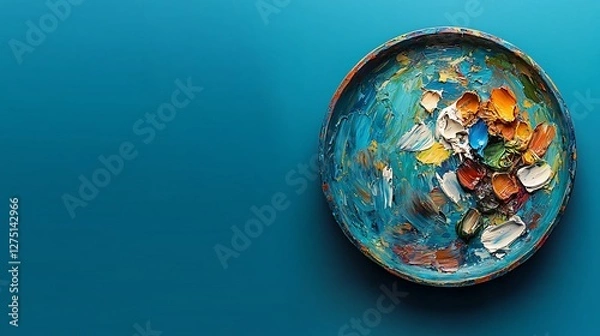 Obraz Vibrant palette of paint colors on a round dish against a blue background, ideal for art