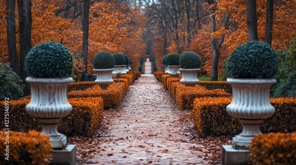 Fototapeta Autumn park path with topiary, serene scene