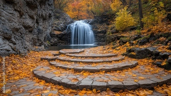 Fototapeta Autumn Waterfall Steps in Forest