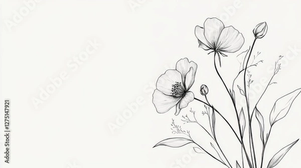 Fototapeta Elegant botanical illustration set with deliberately imperfect hand-drawn florals, showcasing naturally flowing line work of wild meadow flowers, delicate leaf clusters, and graceful stems, featuring