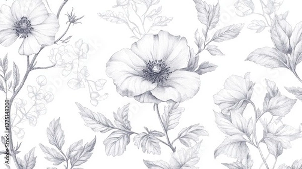 Fototapeta Authentic collection of traditionally illustrated floral elements featuring naturally imperfect hand-drawn outlines of garden flowers, wild botanicals, and detailed leaf shapes, showcasing organic