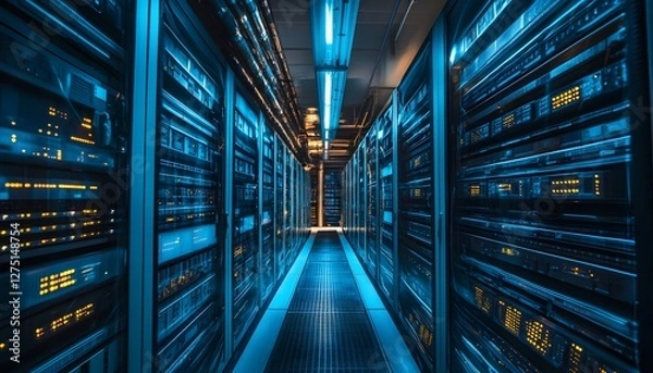Fototapeta A state-of-the-art server room featuring advanced technology in a sleek, modern design