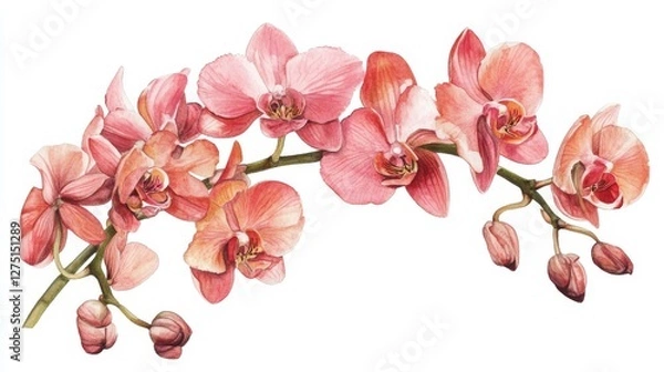 Obraz Award-winning botanical illustration of pink Phalaenopsis orchid specimen, photorealistic detail of veining and color variations, 6 fully opened flowers displayed in graceful arc, pristine white
