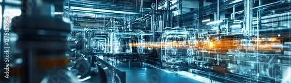 Fototapeta An industrial facility featuring modern machinery and advanced technology, showcasing intricate pipelines and equipment for efficient production in a high-tech environment.