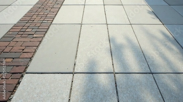 Fototapeta Sun-Dappled Pathway A Textured Contrast of Brick and Stone Pavers