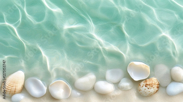 Fototapeta Tranquil waves over seashells and pebbles on a sandy beach shoreline