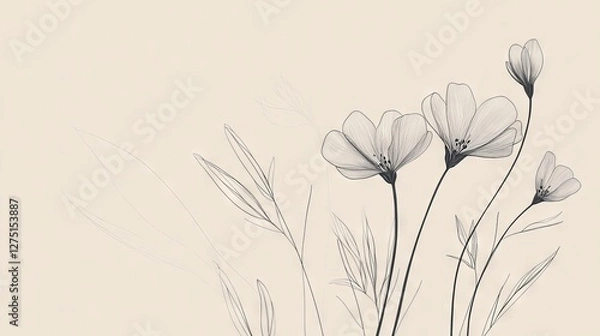 Fototapeta Elegant botanical line art, delicate wildflower stems and leaves, minimalist floral arrangement, natural organic shapes, flowing curves, soft muted palette, refined botanical illustration,