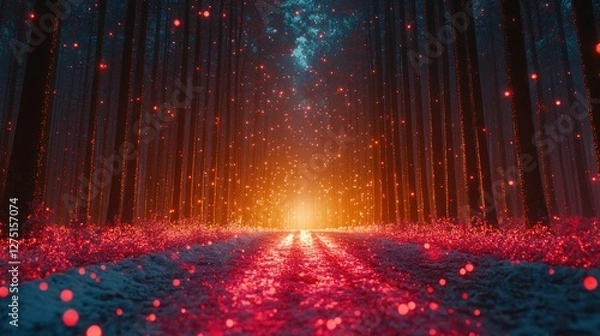 Fototapeta Magical forest path illuminated by red particles