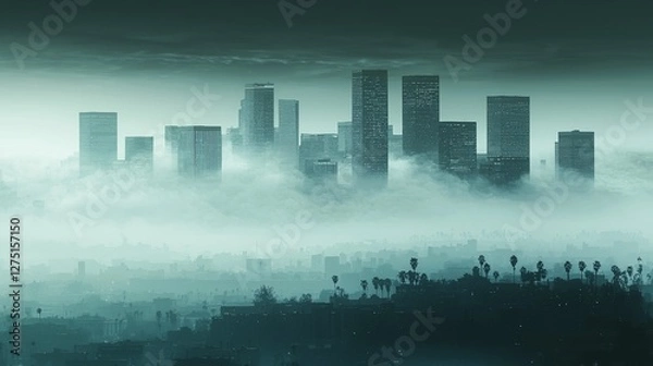 Fototapeta Foggy skyline of a city at dawn, with towering buildings emerging from misty surroundings