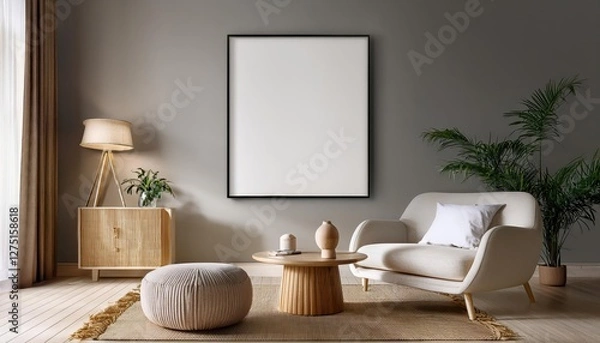 Fototapeta Modern Scandinavian Style Living Room CloseUp MockUp Poster Frame in Minimalist Interior with 3D Elements, Showcasing Clean Lines, Natural Textures, and Bold Geometric Design in a Cozy Yet