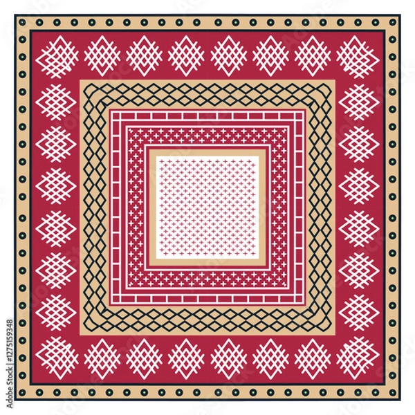 Fototapeta A geometric pattern featuring concentric squares in red, beige, and white, with intricate designs and borders.