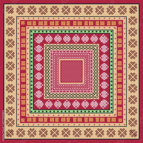 Fototapeta A colorful square pattern featuring layered geometric designs in red, green, beige, and intricate motifs.