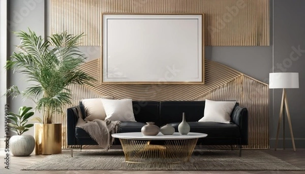 Fototapeta Art Deco Elegance 3D Rendered Mockup Poster Frame in Modern Living Space, Illuminated by Vintage Glamour and Intricate Geometry