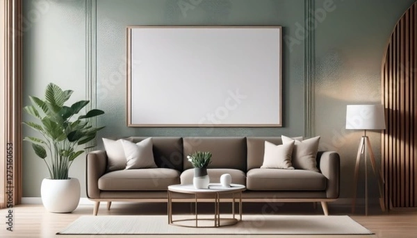 Fototapeta Minimalistic Modern Living Room 3D Render Elegant Mockup Poster Frame in Contemporary Interior Design, Embracing a Cool Color Palette and Sleek Geometric Textures, Perfect for Artwork Display or