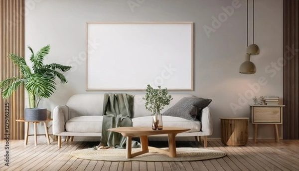 Fototapeta Stylish Scandinavian Living Room 3D Render Modern Interior Design in Warm Wood and Minimalistic Neutrals, Evoking a Cozy and Inviting Ambiance