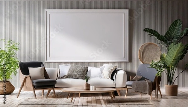 Fototapeta Immersive Scandinavian Living Room 3D Render Modern Interior Design Meets Minimalist Chic in a Cozy and Inviting Space, Blending Wood Tones, Neutrals, and Artful Accents.