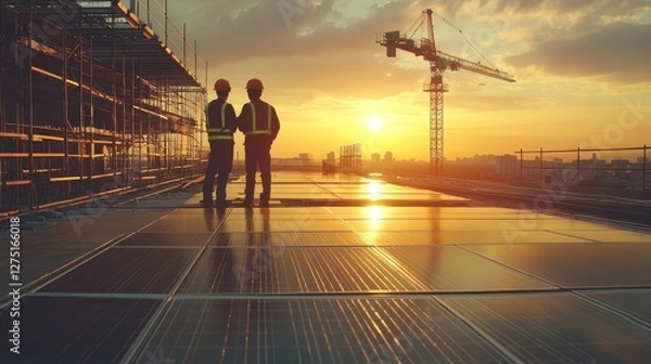 Obraz Engineers discussing sustainable redevelopment plans at a construction site, eco-friendly materials, solar panels, bright afternoon light 