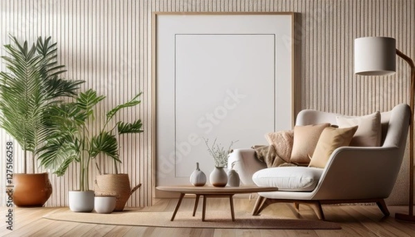 Fototapeta 3D Modern Scandinavian Living Room Mockup Poster Frame in a Minimalist Backdrop A Vibrant yet Calm Space for Design Inspiration and Artistic Innovation
