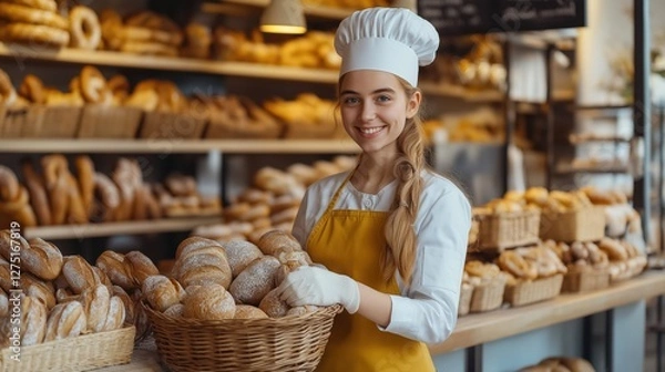Fototapeta young woman wearing a white chef's hat, apron and gloves, standing in front of a bakery counter with a basket of freshly baked bread.