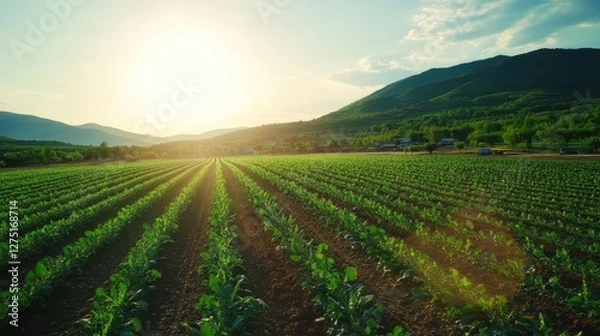 Fototapeta Wide shot of a sustainable farm, solar irrigation in action, farmers ensuring efficient water use, bright sunlight enhancing eco-friendly atmosphere