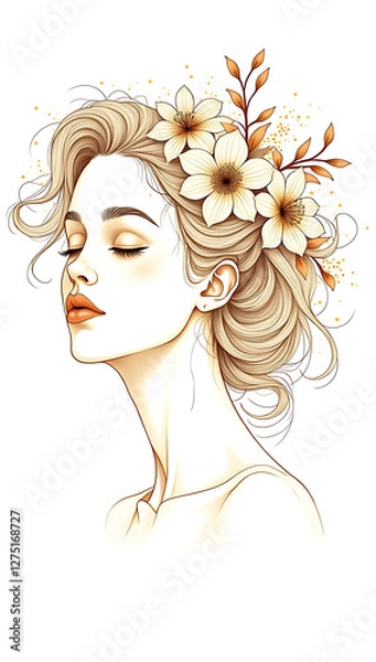 Fototapeta A minimalist line art illustration of a woman's face with abstract floral elements growing from her hair, symbolizing beauty and nature.
