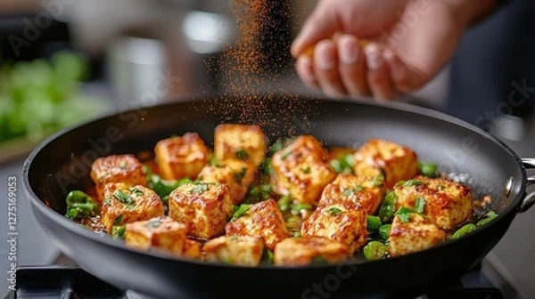 Fototapeta A vibrant dish of seasoned tofu cooked in a skillet, garnished with green onions, showcasing a delicious and healthy meal preparation.