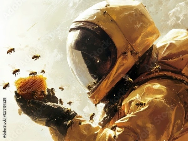 Fototapeta Astronaut collecting honey from bees in an alien landscape science fiction artwork surreal environment unique perspective